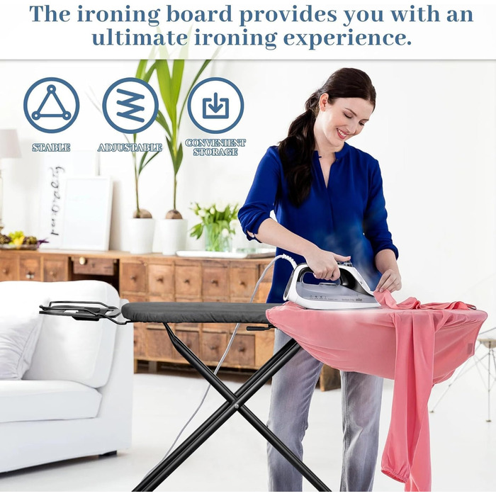Гладильна дошка WUDLEP регульована по висоті, 140 x 38 см, розкладна, широка, з гачком, висота 70-90 см, з міцної сталі, підходить для більшості парогенераторів