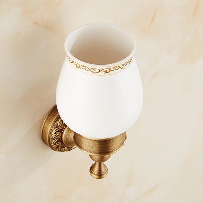 Brass toothbrush holder, antique bronze finish, cup holder with white ceramic cup, wall-mounted, bathroom accessories, patterned carved design