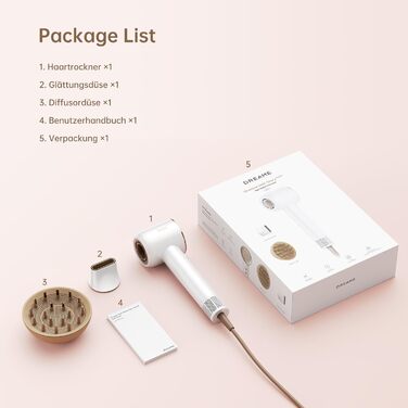 Фен DREAME Hair Glory Combo: Швидке сушіння, 110 000 обертів/хв, іонізація, регулювання температури та швидкості, дифузор, тиха робота, білий