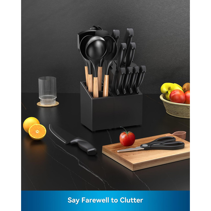 ACOQOOS 14-Piece Knife Block Set with Sharpener - Black Kitchen Knife Set