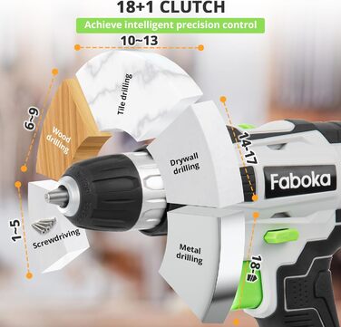 Faboka 21V акумуляторний шуруповерт, комплект з 2 акумуляторами 2.0Ah, 40Nm, 18+1 ступенів, 10мм патрон, регулювання швидкості, LED-підсвічування, для ремонту та DIY