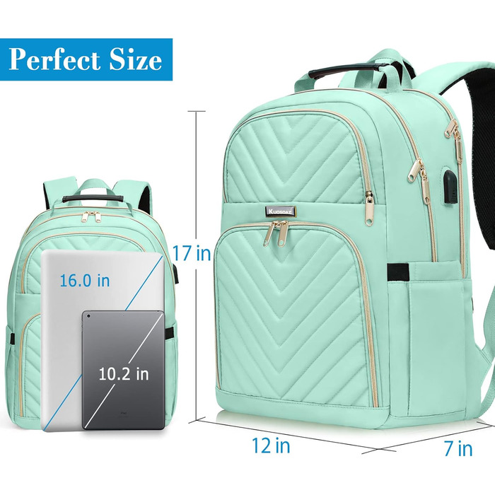 Жіночий рюкзак для школи, університету, подорожей: стильний, водонепроникний, з USB-портом, 15.6 дюймів, світло-зелений