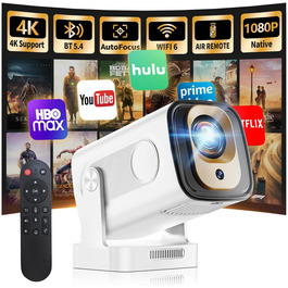 4K проєктор Beamer Full HD 1080P Android: портативний міні-проєктор з WiFi 6, Bluetooth 5.2, 270° обертанням, підтримкою PC/HDMI/USB, з пультом та мишкою, білий