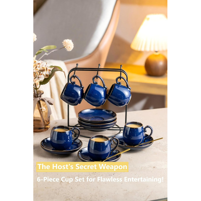 Набір чашок для еспресо LYEOBOH з підставками, 85 мл, 6 шт., кераміка, білий (кобальтовий блакитний)