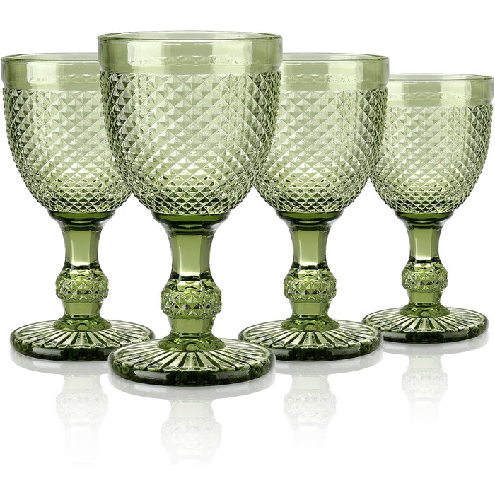 Joeyan 270ml Green Vintage Wine Glasses with Diamond Relief, Colorful Goblet Glasses Wine Goblet Set for Wine Juice Drinks, Set of 4 Retro Drinking Glasses with Stem, Dishwasher Safe