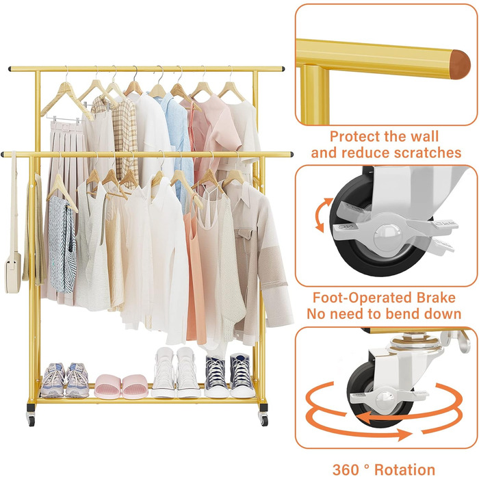 Clothes rack with double bar, rolling clothes rack, portable clothes rack for bedroom, living room, clothing store, gold