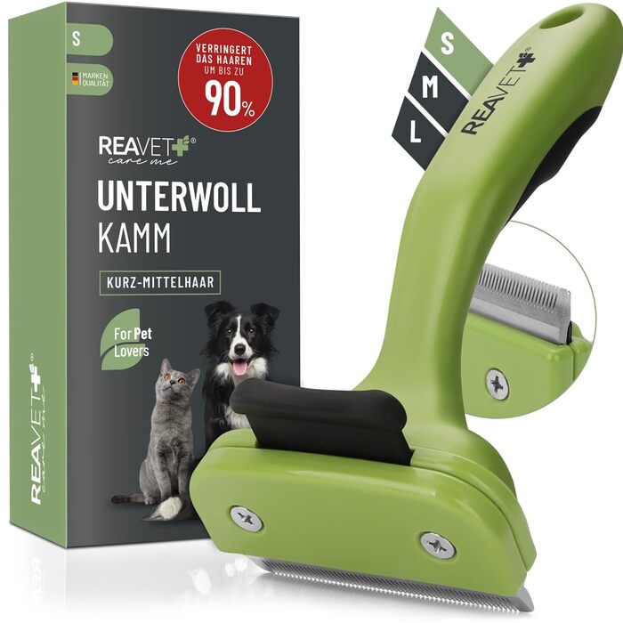 Гребінець для підшерстка ReaVET для собак та котів з короткою шерстю, середніх порід. Видаляє підшерсток, доглядає за верхнім шаром шерсті. З кнопкою самоочищення. Ідеальний для сезонного линяння. Гребінець для собак та котів, підходить для малих порід (S