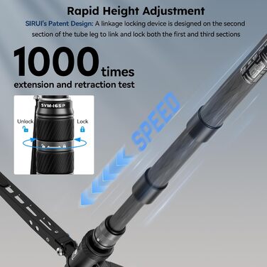 SIRUI Монопод з вуглецевого волокна з швидкою системою | 165 см, професійний, 3-в-1, вантажопідйомність 10 кг, для DSLR та відео (SVM-165P)