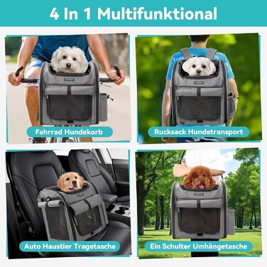 Корзина для собак на велосипед, до 10 кг, складана, дихаюча, 4-в-1 (рюкзак, сумка на плече, автокрісло), міцна L-подібна кріплення Φ55mm, зручна подушка, світловідбиваючі смуги