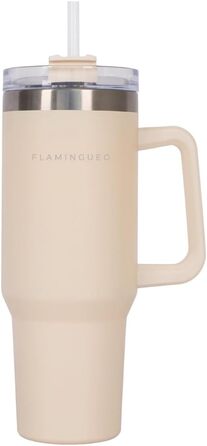 Термокружка з трубочкою Flamingueo - термос, сталева термокружка з ручкою, 1.18L, блакитний (бежевий), зберігає холод 24г, гаряче - 10г