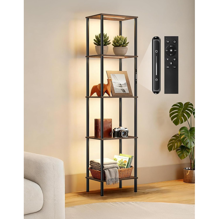 Стійка лампа з полицею, LED, регулювання яскравості, 3 колірні температури, сенсорне та дистанційне керування, полиця для книг, дерев'яна стійка, сучасний дизайн для вітальні, спальні, офісу (Rustic Brown)