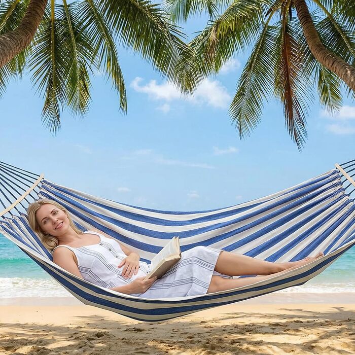 Гамак садовий ANYOO з дерев'яною перекладиною, портативний, блакитно-білий. Для тераси, саду, пляжу