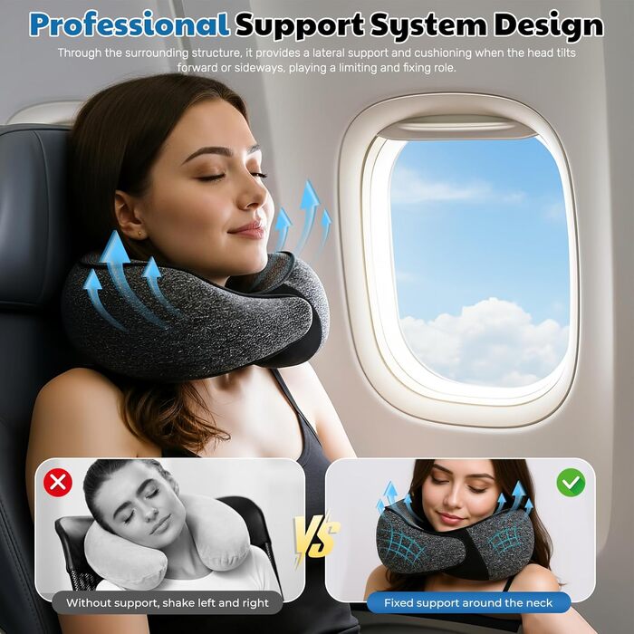 Подушка для шиї у літак, подушка для подорожей, з навушниками та маскою для очей, сіра