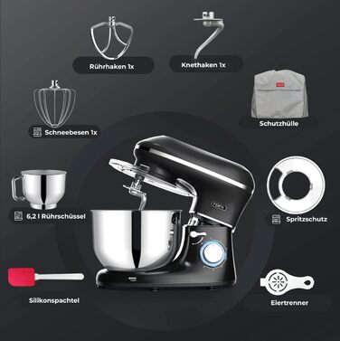 Fentic Stand Mixer - 2000W - Stainless Steel Mixing Bowl (6.2 L) - Stand Mixer with Dough Hook, Beater Hook, Whisk, and Splash Guard - Includes Additional Accessories - Black