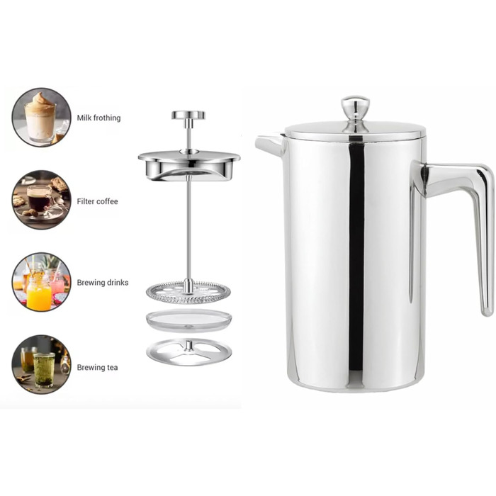 Френч-прес VIA CREMA зі скла та нержавіючої сталі, 800/1000 мл