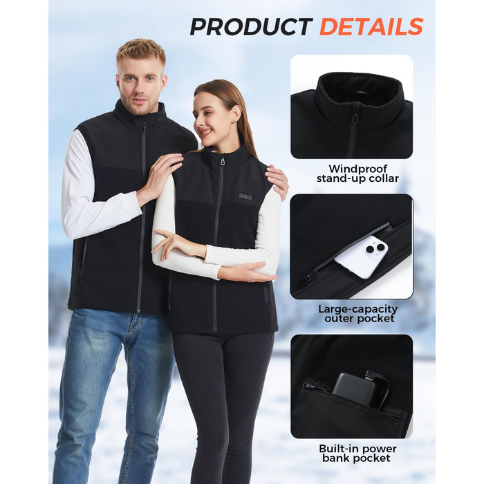 Електрична гріюча жилетка з флісу для чоловіків та жінок, 13 зон обігріву, 3 режими температури, Powerbank 10000mAh, Ritter, чорна