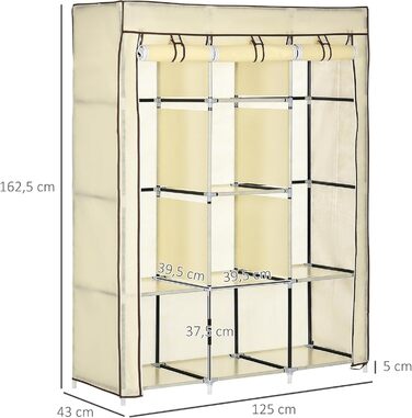 HOMCOM Closet, Fabric Wardrobe with Drawers, Clothes Rail and Zipper, Fabric Clothes Closet Folding Wardrobe for Bedroom, Dressing Room, 102 x 42.5 x 162.5 cm, (Cream White, 125L x 43W x 162.5H cm)