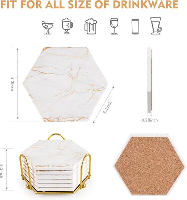 Marble-Style Coasters, Set of 6 - Drink Coasters for Wood Table with Metal Holder - Gold-Colored Ceramic Cup Set - Rustic Home Decor, Room Decor, Party (Luxury White-Gold Marble 01)