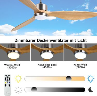 Стеляний вентилятор Ovlaim з освітленням та пультом керування, тихий DC мотор, 3 лопаті, Smart, для вітальні/спальні, натуральний & сріблястий (Burlywood/Silver, 165 см)