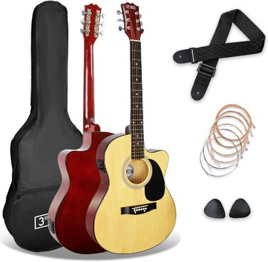 3rd Avenue 4/4 Вестерн-гітара (набір) з вирізом, для початківців – 6 місяців безкоштовних уроків, чохол, ремінь, медіатори та запасні струни – натуральний колір, електроакустична