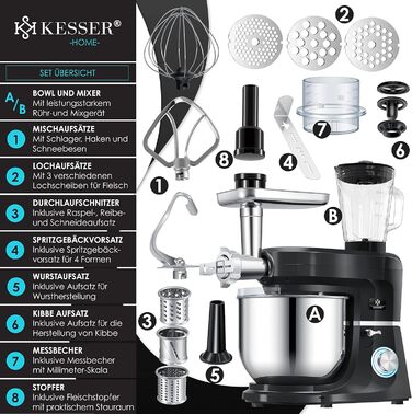 Кухонний комбайн KESSER 3 в 1 з м'ясорубкою, міксером та соковижимачем, 5.5л, чорний