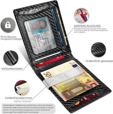 Чоловічий тонкий гаманець RFID захистом з карбонової шкіри, Portmonee з 11 відділеннями для карток, віконцем для ID, відділенням для грошей, мінімалістичний гаманець з подарунковою коробкою - Чорний