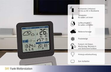 TFA Dostmann digital radio weather station SKY, 35.1152.01, with outdoor sensor, temperature & humidity inside/outside, weather forecast, high/low values, radio clock, 123 x 52 x 117 mm, black