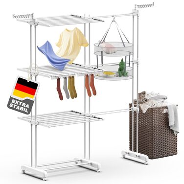 Сушарка для білизни Huracan 2в1: тур, розкладна, висувна, 3 яруси, з тримачами для шкарпеток та білизни (біла)