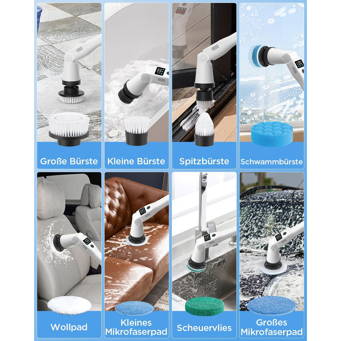 Електрична щітка для прибирання з 8 насадок, 3 швидкості, IP65 водостійка, регульована ручка, акумуляторна щітка для ванної, кухні, плитки, душу та кутів (біла)