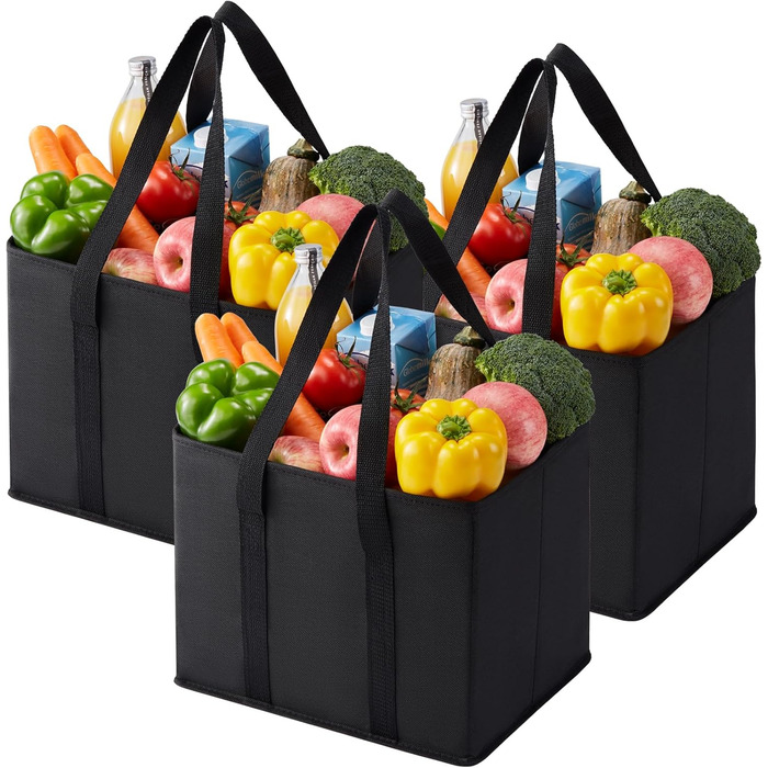 23.5 Liter Large Shopping Bag Foldable, Folding Boxes with Reinforced Bottom, Reusable Shopping Bags, Holds Up To 15 kg Shopping Bag (Black, 3-Pack)