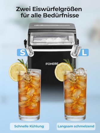 Машина для приготування льоду FOHERE з ручкою, 14 кг/24 год, 9 кубиків льоду за 5 хвилин, 2 розміри, самоочищення, портативна з лопаткою та кошиком – ідеальна для дому, кухні, офісу, кемпінгу, вечірки, RV