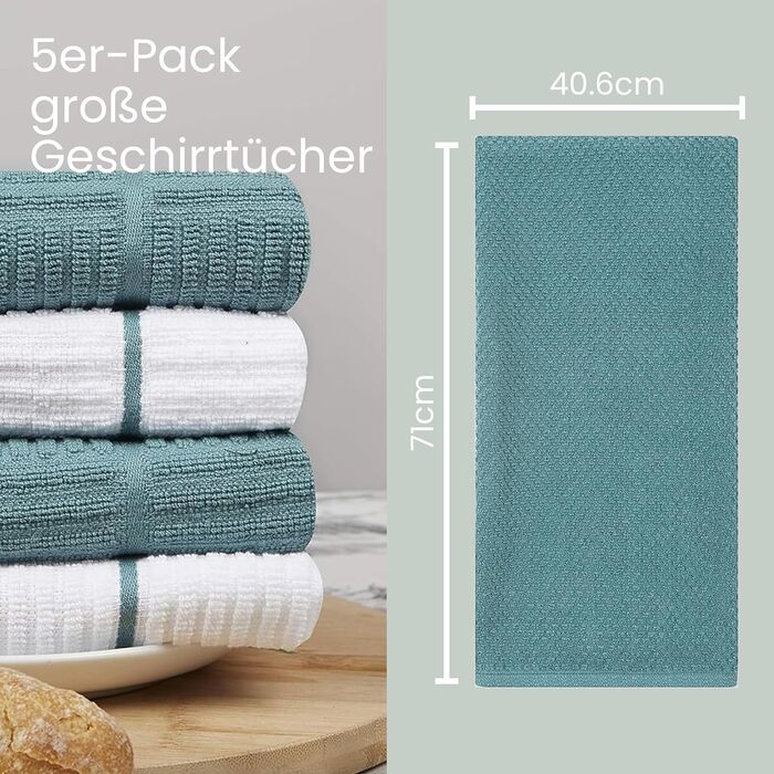 Sticky Toffee Dishcloths made from 100% cotton, terry cloth, 5 pieces, 40.6 x 71 cm, blue / aqua, soft, absorbent, for restaurant, bar, glassware, kitchen towels