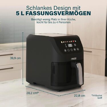 Фритюрниця Princess Slim Airfryer 5 л, 1500 Вт, тиха (55 дБ), компактна без масла, 8 програм, антипригарне покриття