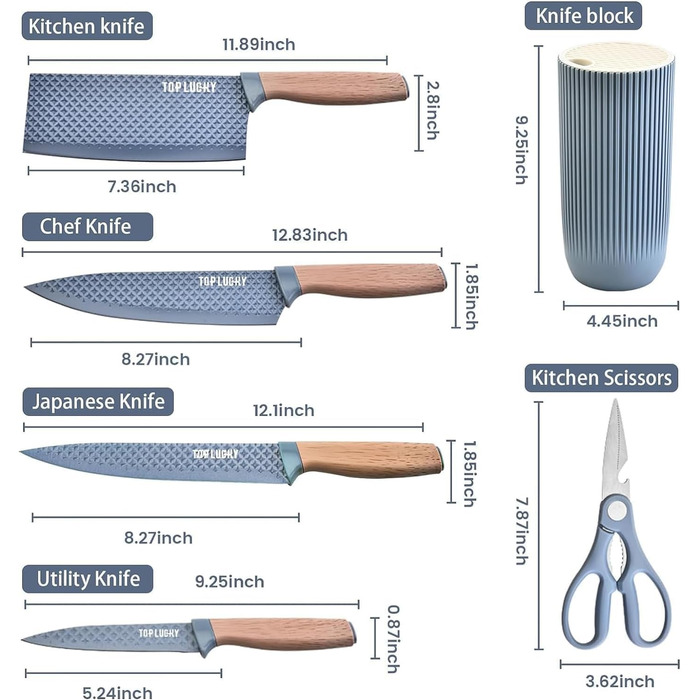 Набір кухонних ножів, 6 предметів: гострі ножі з нержавіючої сталі з антипригарним покриттям, набір для кухні з підставкою (блакитний)