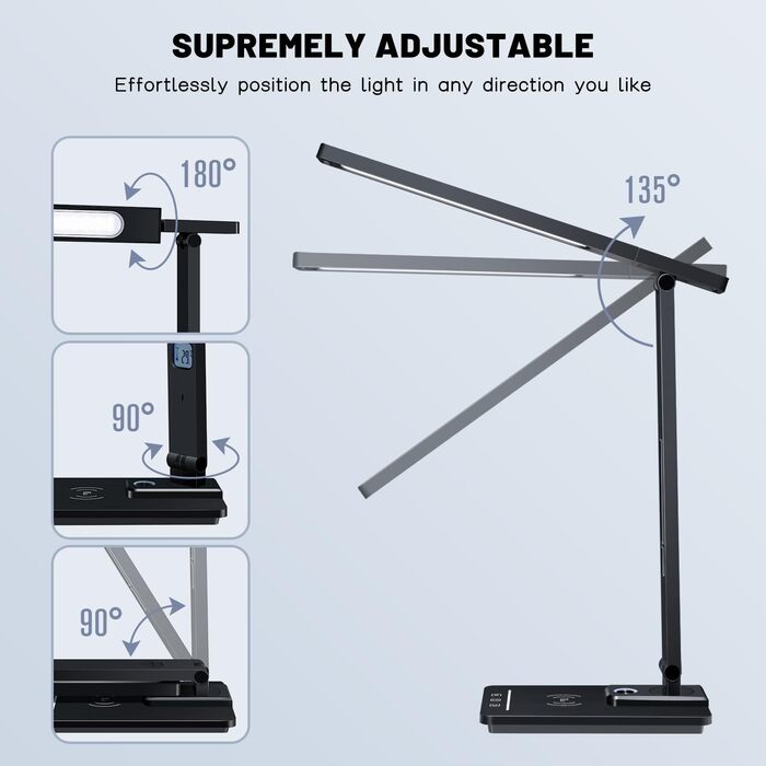 LED лампа настільна YAMYONE з бездротовим зарядним пристроєм та USB-портом, 5 кольорів, регулювання яскравості, нічник, годинник, термометр, для офісу та навчання, білий (чорний)