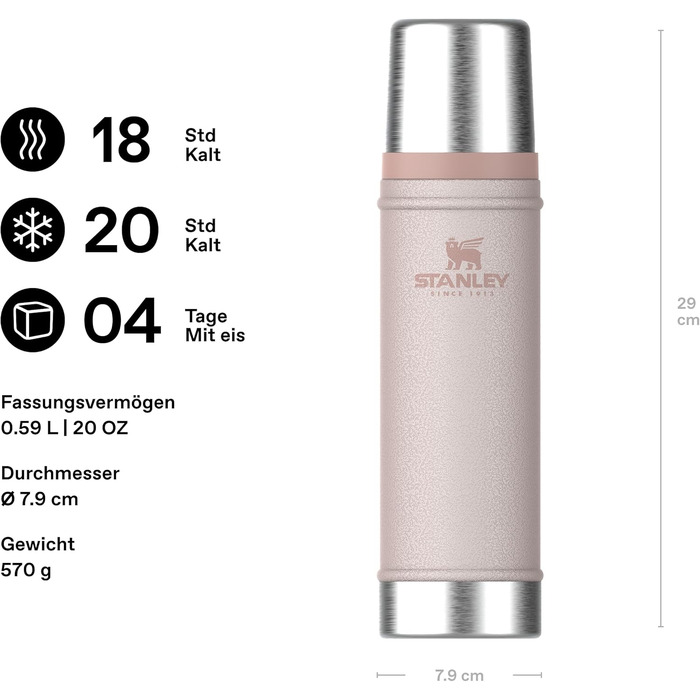 Термос STANLEY 1913 Classic Legendary 590 мл, герметичний, сталевий (Hammertone Rose Quartz) — зберігає тепло та холод до 24 годин