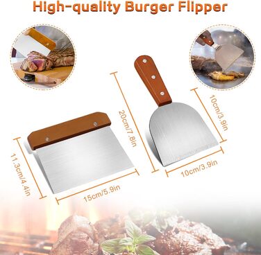 Набір інструментів для гриля MAIKEHIGH: 8 штук з нержавіючої сталі. Професійний шпатель, лопатка, щипці для BBQ, Teppanyaki, кемпінгу та гриля на плоскій поверхні.