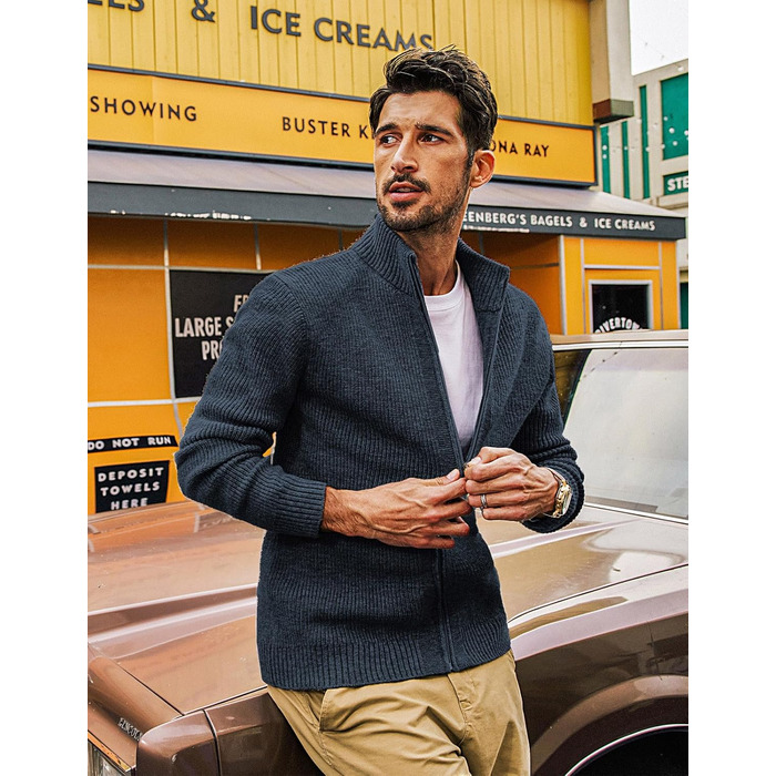 Кардиган чоловічий PJ PAUL JONES з рифленого в'язання, довгі рукави, зимова куртка, тонкий трикотаж, з коміром-стійкою та блискавкою, колір морської хвилі (S)