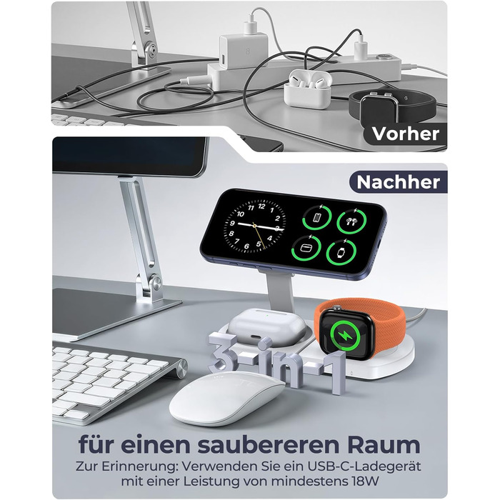 Бездротова зарядка Induktive для iPhone (MagSafe) 3-в-1: Apple Watch, AirPods, iPhone 17 Air/16/15/14/13/12 (Білий)