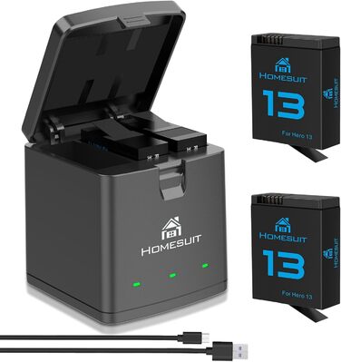 Набір акумуляторів Homesuit Hero 13 з LED зарядним пристроєм (2шт) для GoPro Hero 13 Black Enduro. Акумулятори 2300mAh, USB Type-C PD3.0, швидка зарядка.
