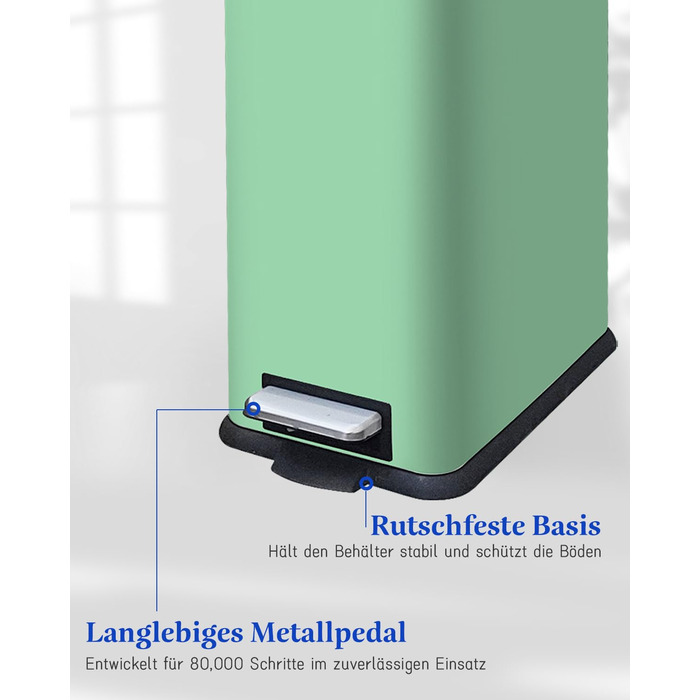 Відро для сміття кухонне 30л, нержавіюча сталь, з кришкою, внутрішній відерцем, прямокутне, зелене