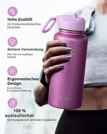 Термофляга Coolflask 946 мл з трубою та 3 кришками, вакуумна пляшка для води з нержавіючої сталі для спорту та подорожей, Glitter Pink