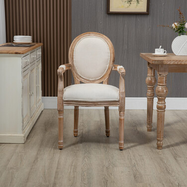HOMCOM Kitchen Chair Dining Chair with Linen Look, Armchair with Backrest, Wooden Legs, Padded Chair up to 150 kg Load Capacity, Crème | Aosom
