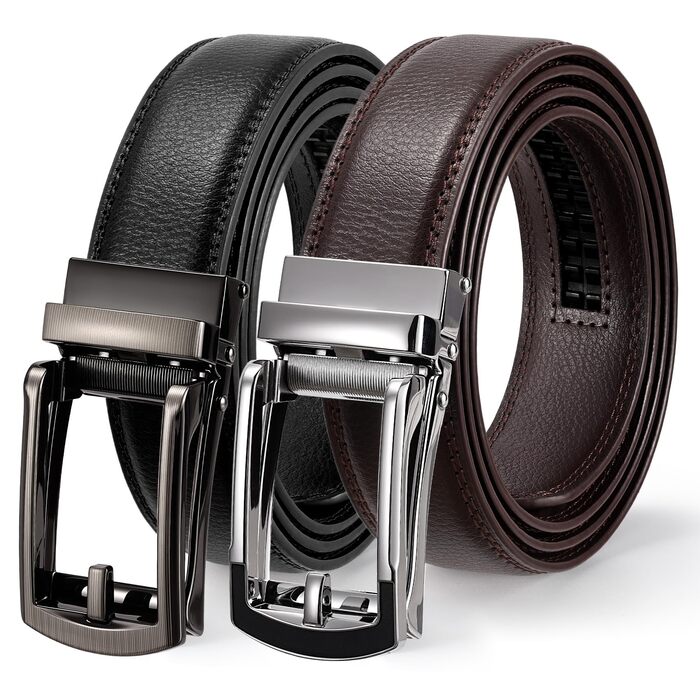 Чоловічі шкіряні ремені WERFORU (2 шт.) з автоматичною пряжкою. Підходять для ділового стилю та повсякденного носіння. Колір: чорний + кавовий. Довжина 130 см, для талії 90-110 см