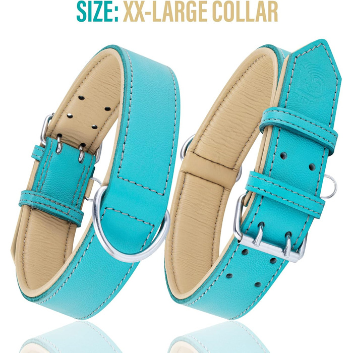 Riparo Genuine Leather Adjustable Dog Collar with Additional Reinforcement (: 4.5CM Wide for 53.4CM - 63.5CM Neck, ) (L, Aqua)