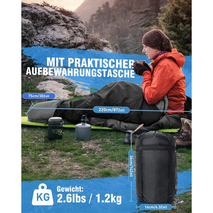 Спальний мішок 3-4 сезони, водонепроникний, ультралегкий, 220*75см (чорний) - для кемпінгу, подорожей, походів