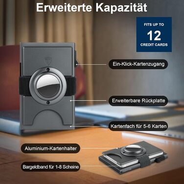 Чоловічий гаманець TOYFID з відділом для AirTag, 12 слотів для карток, відділення для паперових грошей, RFID захист, швидкодіюча кнопка виштовхування, алюміній, сірий