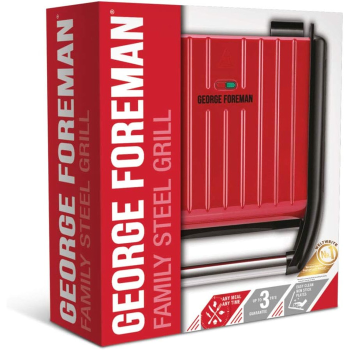George Foreman Family Size Contact Grill & Panini Press - 24x17cm (3 Portions) - Red Steel