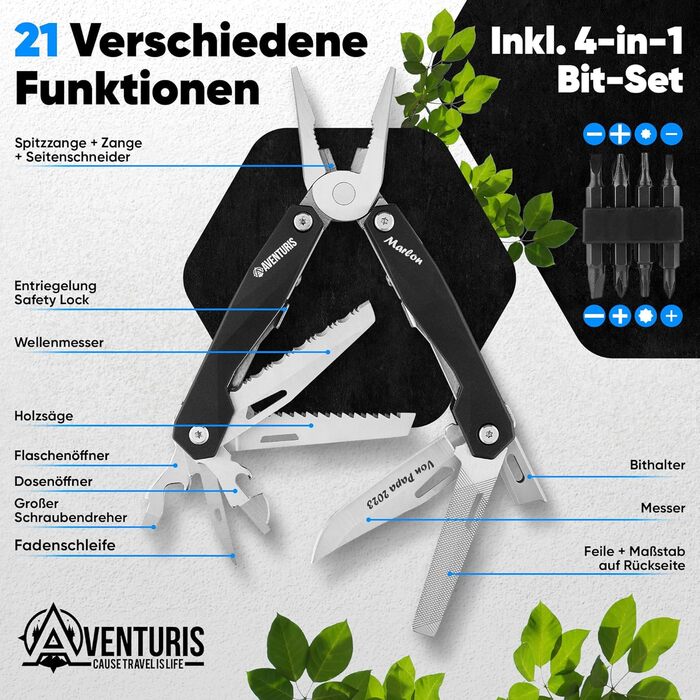 AVENTURIS® Multitool. Great multifunctional tool as bicycle accessories or outdoor gear, a multitool tool as men's gifts or a Leatherman multitool in green (Personalized, Black).