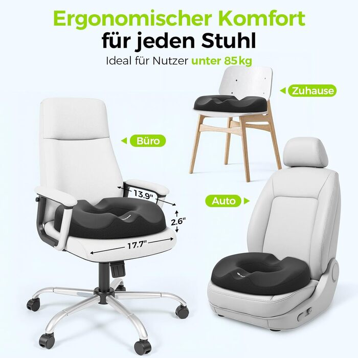 Подушка для сидіння AUVON ортопедична кругла з подвійною U-подібною формою та нахилом для розвантаження стегон, для гемороїдів, офісного крісла, авто, підняття сидіння, підвищення комфорту, покращення кровообігу, розвантаження куприка (45*35*6.6 см)